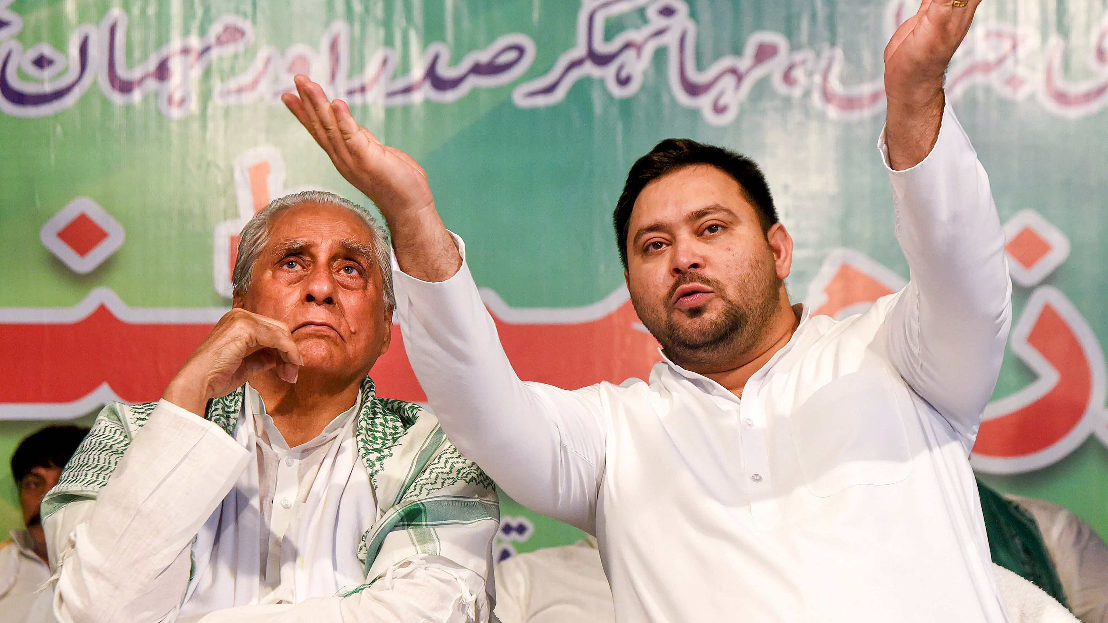 <div class="paragraphs"><p>Bihar RJD President Jagdanand Singh with party leader Tejashwi Yadav during the party's minority cell meeting, in Patna, Saturday, Aug. 10, 2024.</p></div>